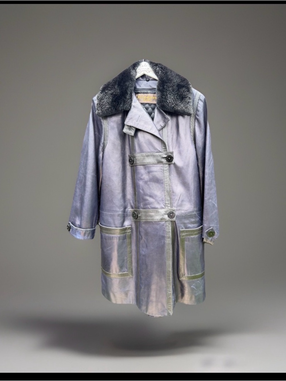 Yves Saint Laurent Fourrures Blue Leather Trench Coat Fur Collar- Archival Vtge